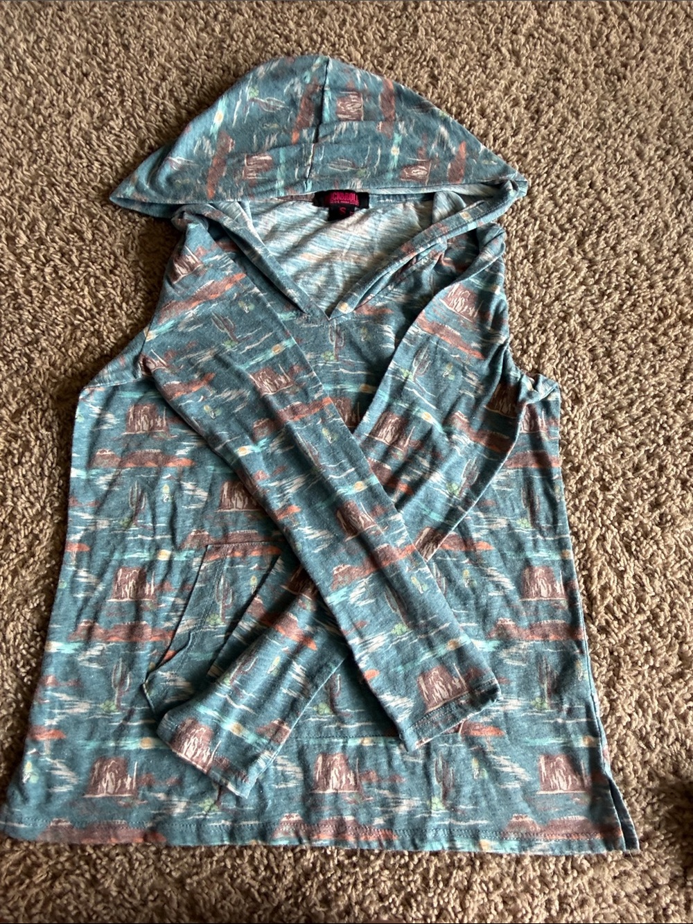 Rock and roll Lightweight Teal Hooded Long Sleeve Top with Rust Accents